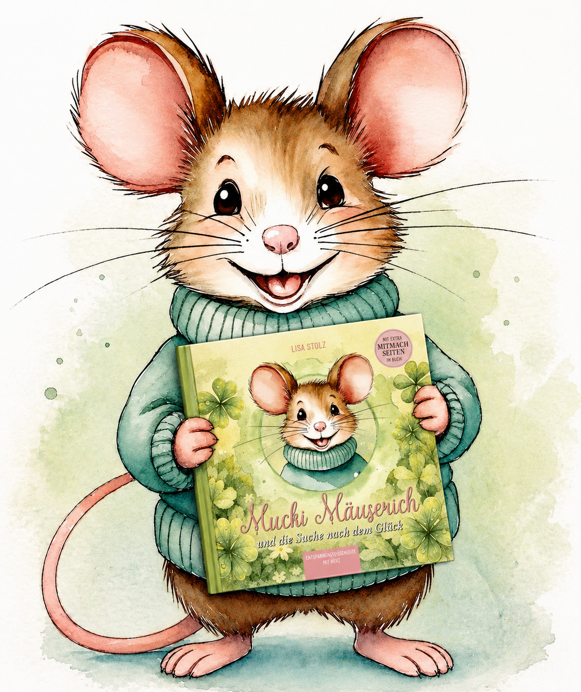 Mucki Mäuserich stehend mit Buch